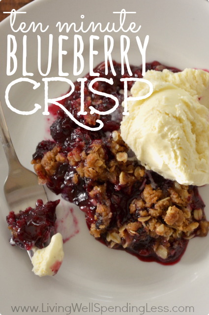 This easy ten minute blueberry crisp is delicious, especially topped with a scoop of vanilla ice cream. 