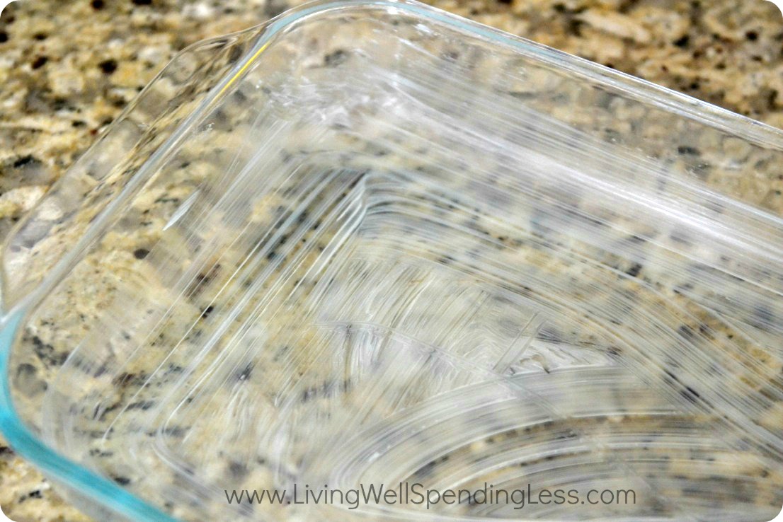 Lightly grease a shallow glass baking dish with butter, to keep your crisp from sticking as it bakes. 