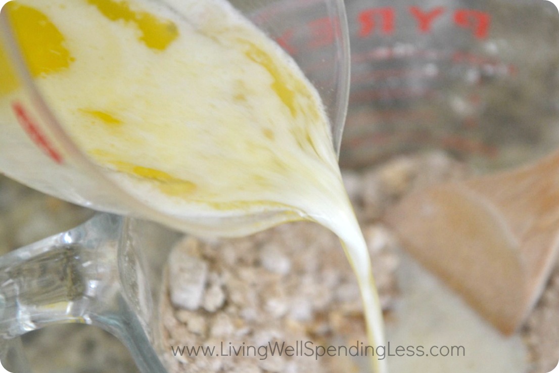 Microwave the butter in a glass measuring cup and add it to the oat mixture. 