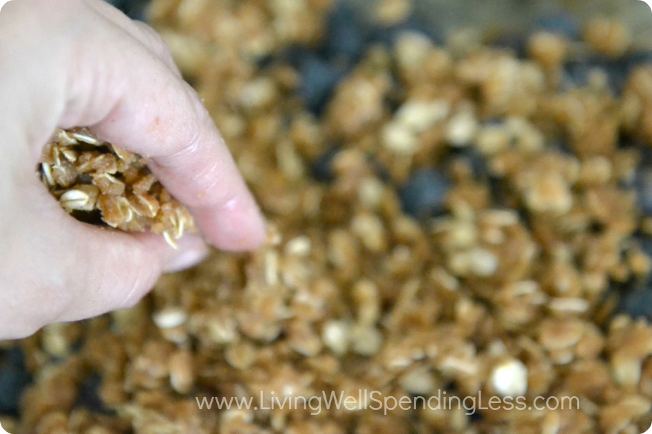 Crumble the sugared oats across the top of the blueberries using your fingers to spread the mixture evenly. 