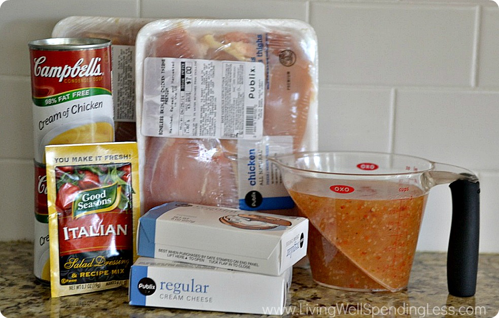 Assemble the ingredients: chicken breast, cream cheese, cream of chicken soup, Italian dressing and seasoning. 