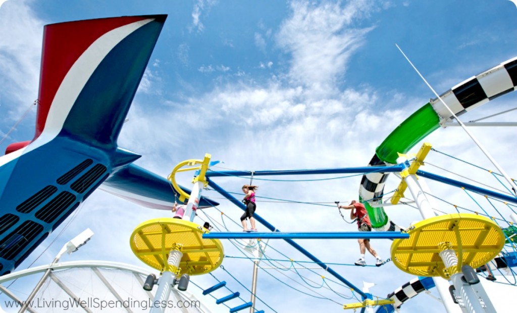 Zip lining and climbing adventures await aboard a cruise. There are plenty of activities at sea.