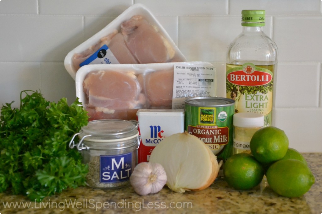 Coconut Lime Grilled Chicken | Ingredients you need include chicken thighs, lime, olive oil, onion, and plenty of seasonings.