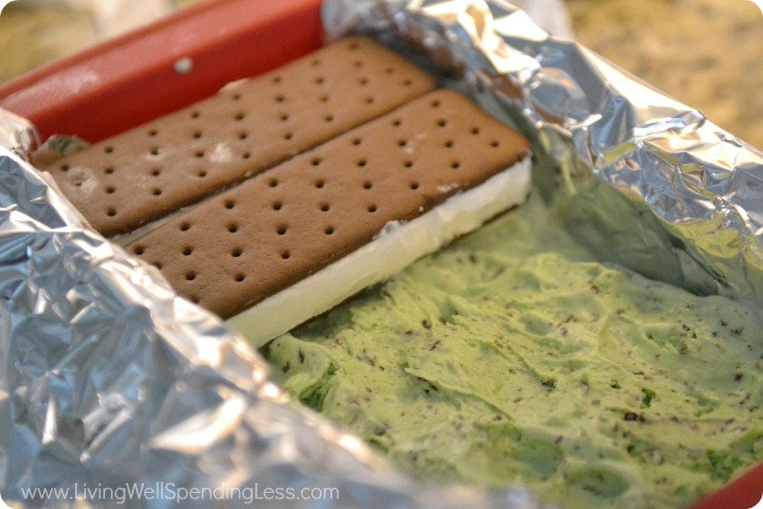 Add a second layer of ice cream sandwiches over the top of your ice cream. 