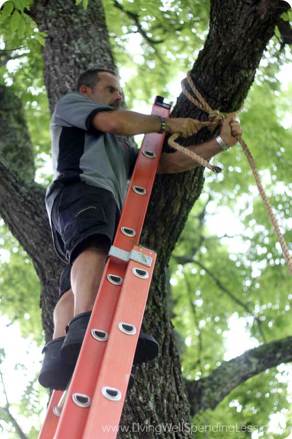 I had my husband tie the rope from a sturdy branch on a tree in our yard. Make sure to tie the rope very securely! 