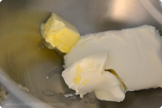 Combine softened butter and cream cheese in bowl of stand mixer fitted with whisk attachment.
