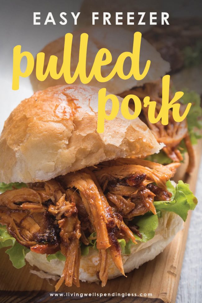 This easy freezer pulled pork recipe feeds 8-10 people using a $5 cut of meat! Freeze it ahead of time for a quick simple weeknight dinner!