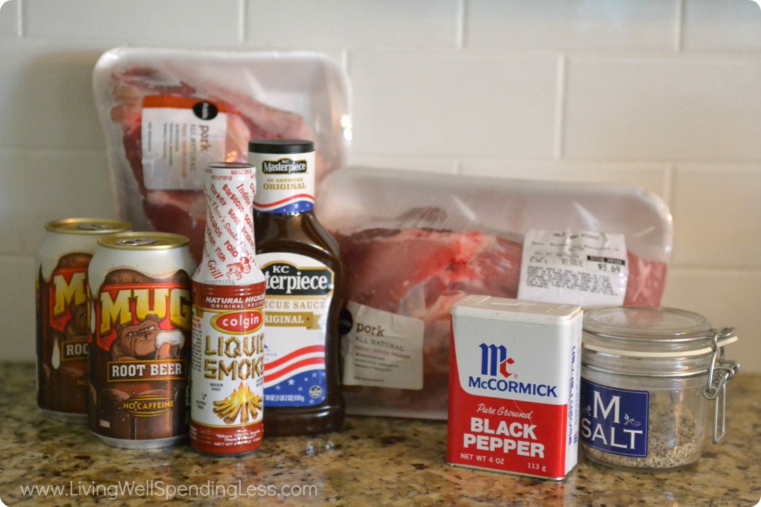 Assemble the ingredients for pulled pork: rootbeer, liquid smoke, barbecue sauce, pepper, salt and pork shoulder.
