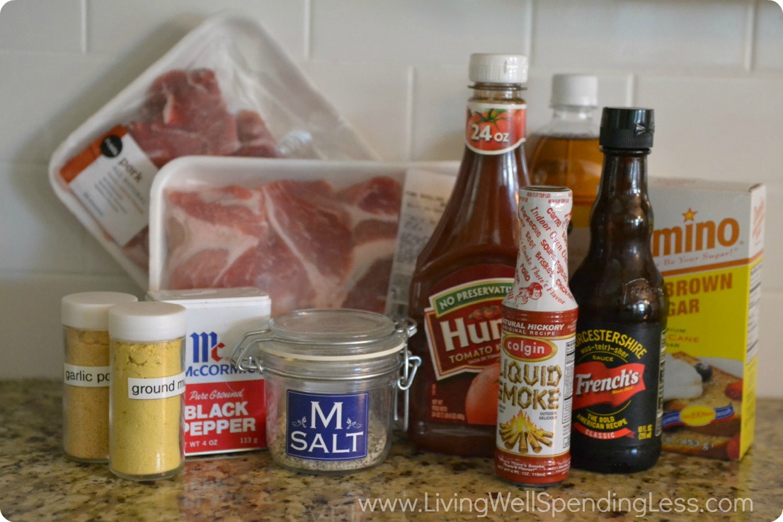 Assemble your ingredients for slow cooker BBQ ribs: pork ribs, salt, pepper, brown sugar, Worcestershire sauce, vinegar, garlic powder, ground mustard, seasoned salt, and liquid smoke. 