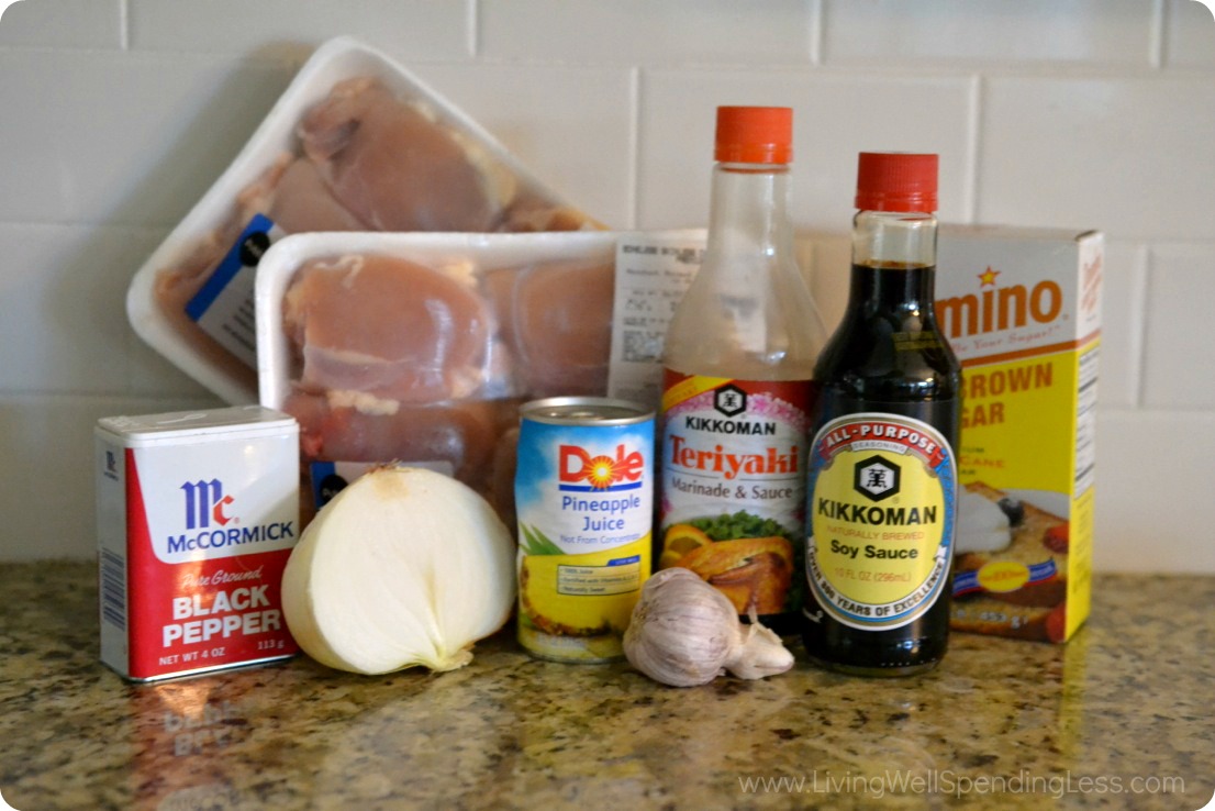 Assemble the ingredients for Hawaiian chicken: thighs, teriyaki, soy sauce, pineapple juice, onion, brown sugar and spices. 