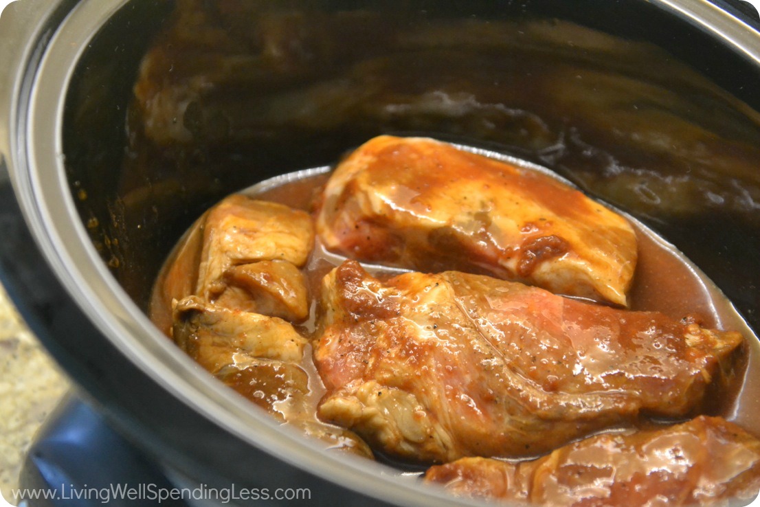 Pour ribs into Crockpot and cook on low.