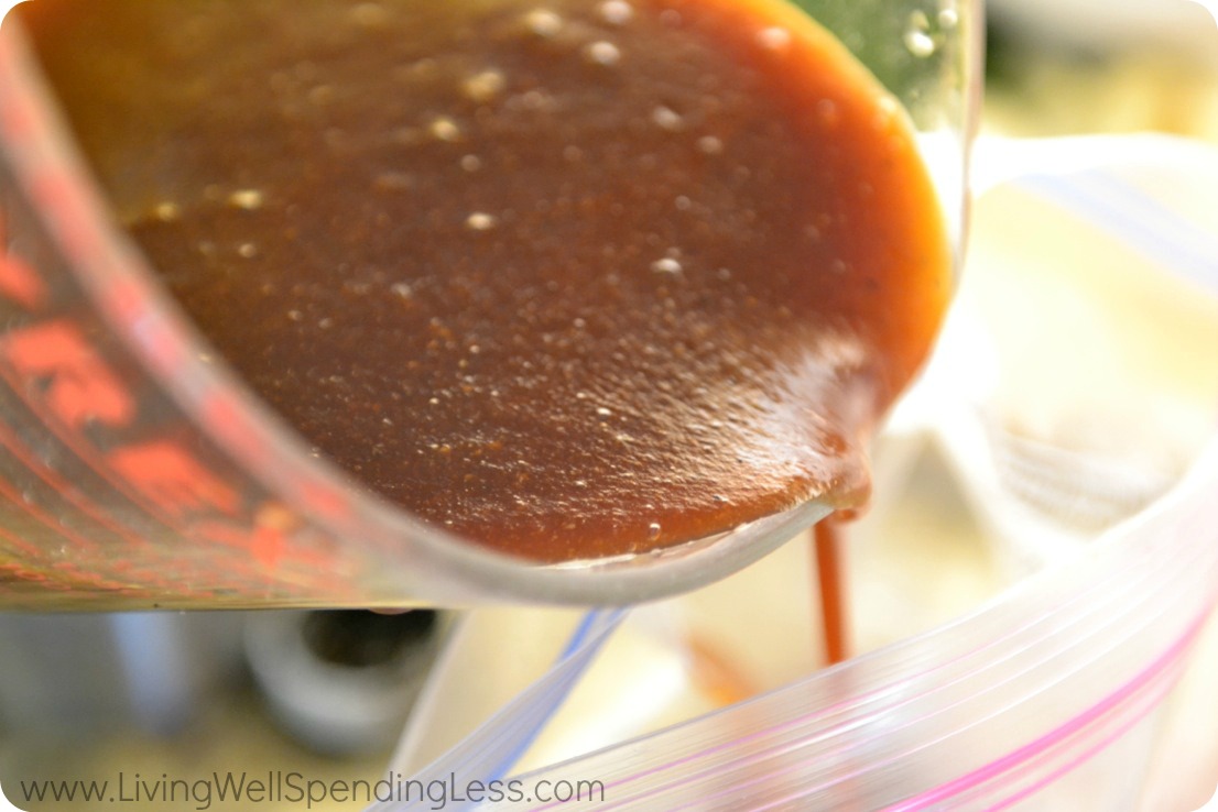 Divide meat into freezer bags and pour the sauce evenly between both bags. 