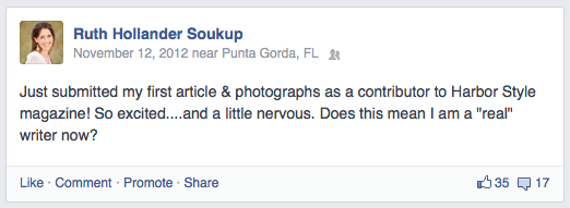 An old Facebook status update from Ruth about her first article as a contributor to Harbor Style