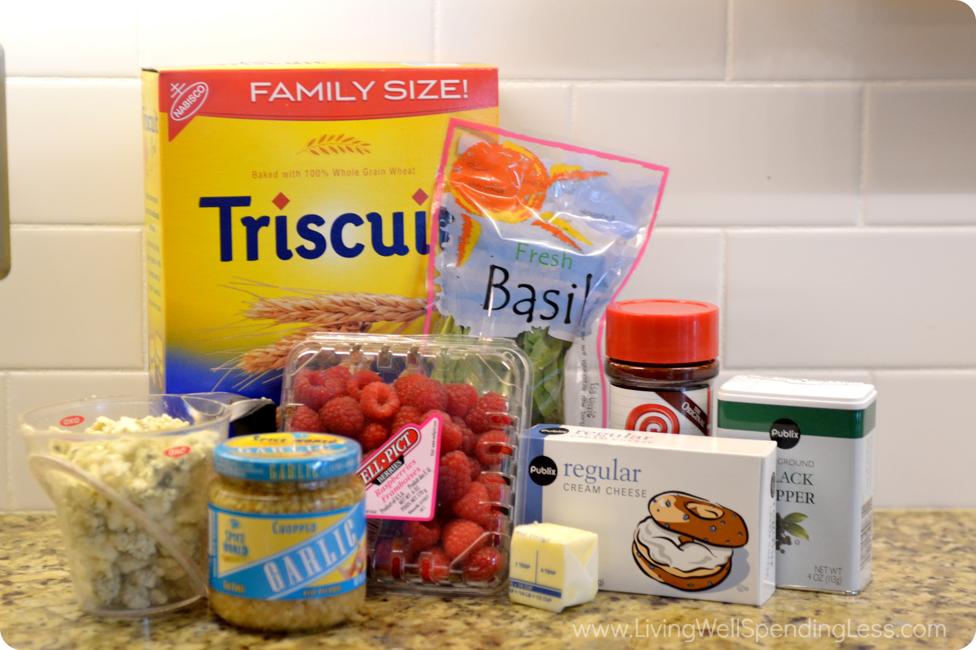 Assemble your ingredients for the summer cheese ball: basil, butter, cream cheese, blue cheese crumbles, garlic, pepper and seasoned salt. 