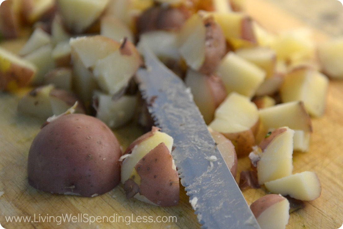 Chop cooked potatoes into bite sized pieces