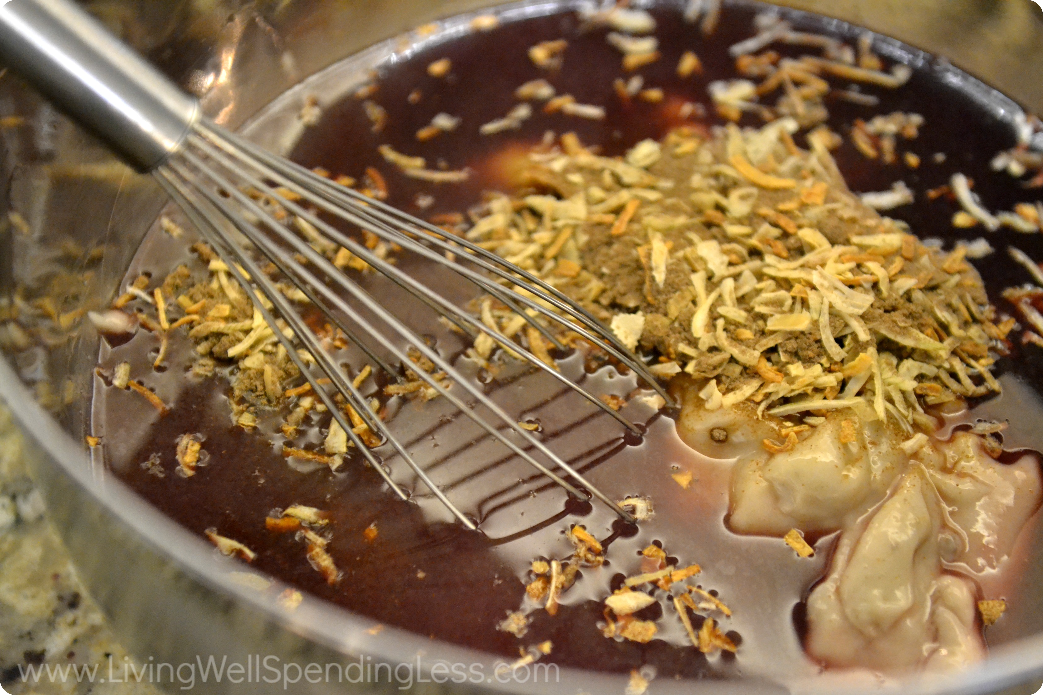 Mix together soup, soup mix, water, wine, and broth in a bowl. 