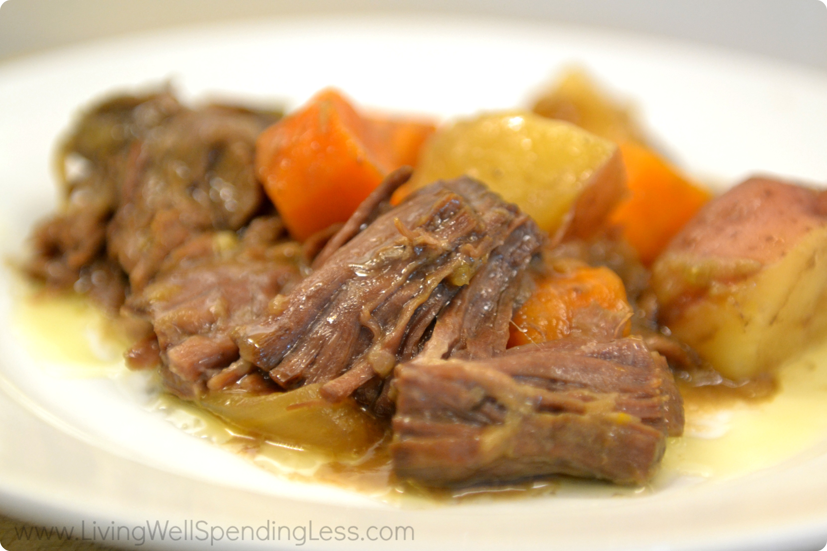 This easy slow cooker pot roast is freezer friendly and so delicious, perfect for a weeknight dinner!