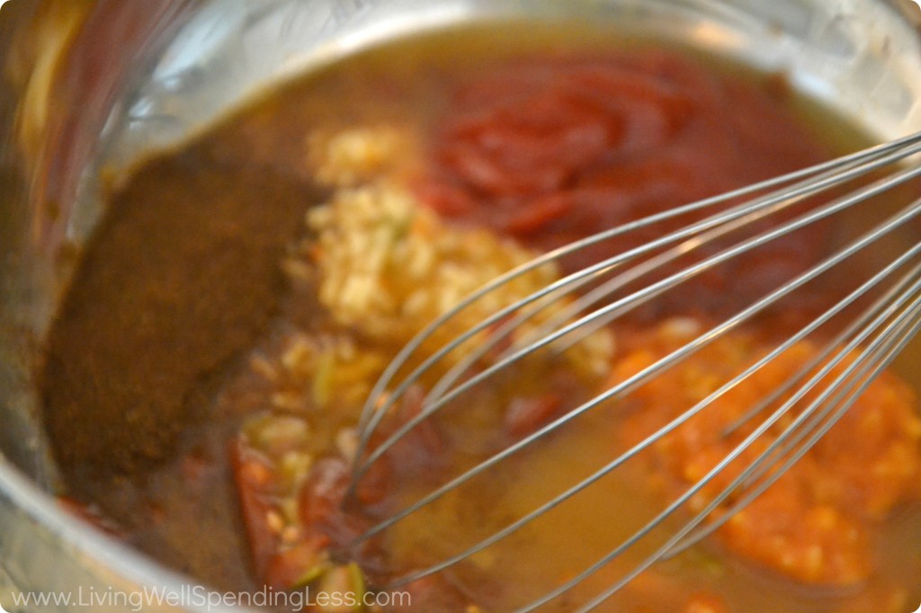 Mix soup, sauces, and seasonings together in a bowl - this makes the sloppy joes sauce.