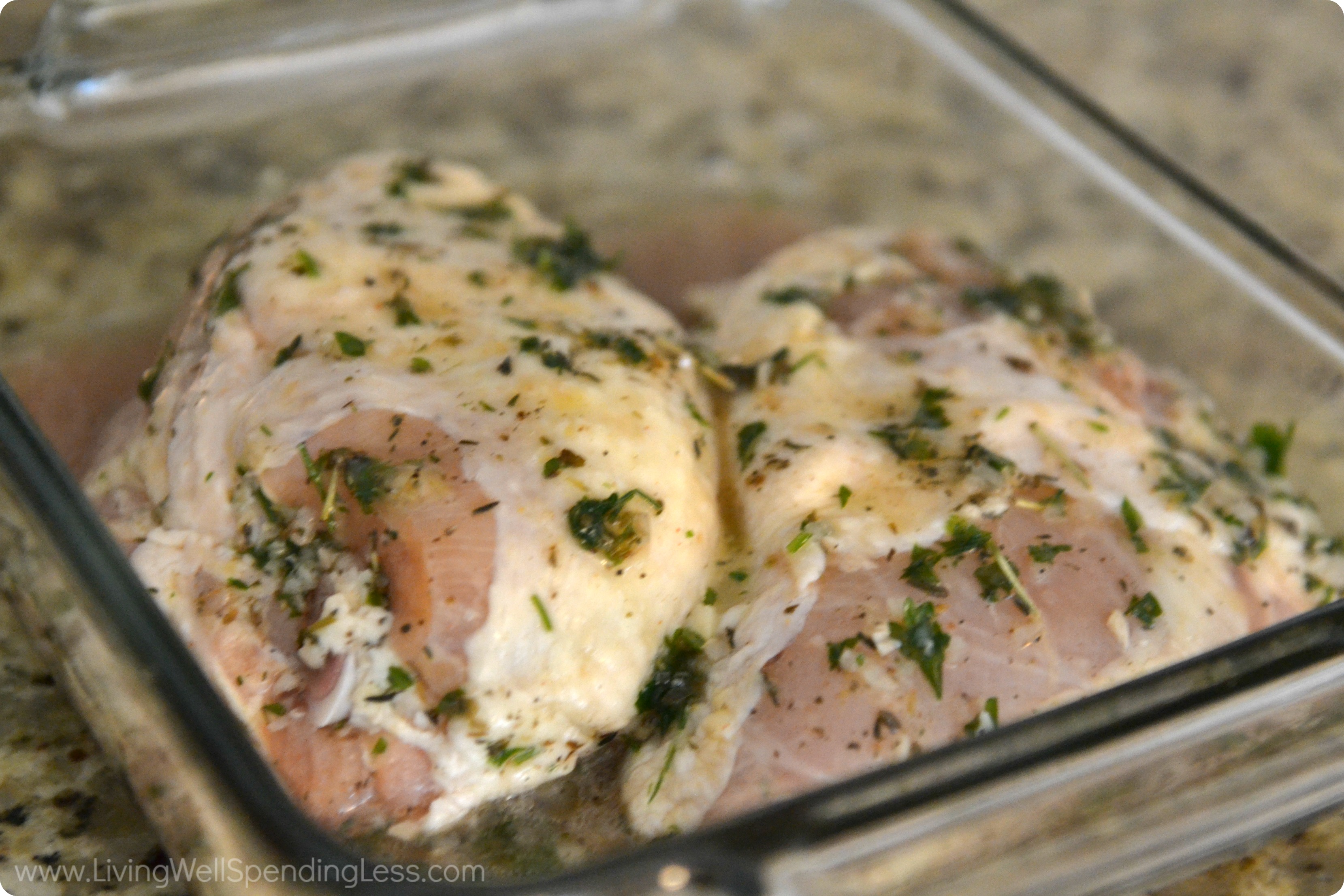 Thaw the herb marinated chicken in a shallow glass baking dish when you're ready to make this dinner. 