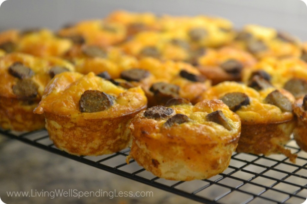 These easy cheese, sausage, and egg breakfast muffins can be made and frozen for an easy, on-the-go breakfast all week. 