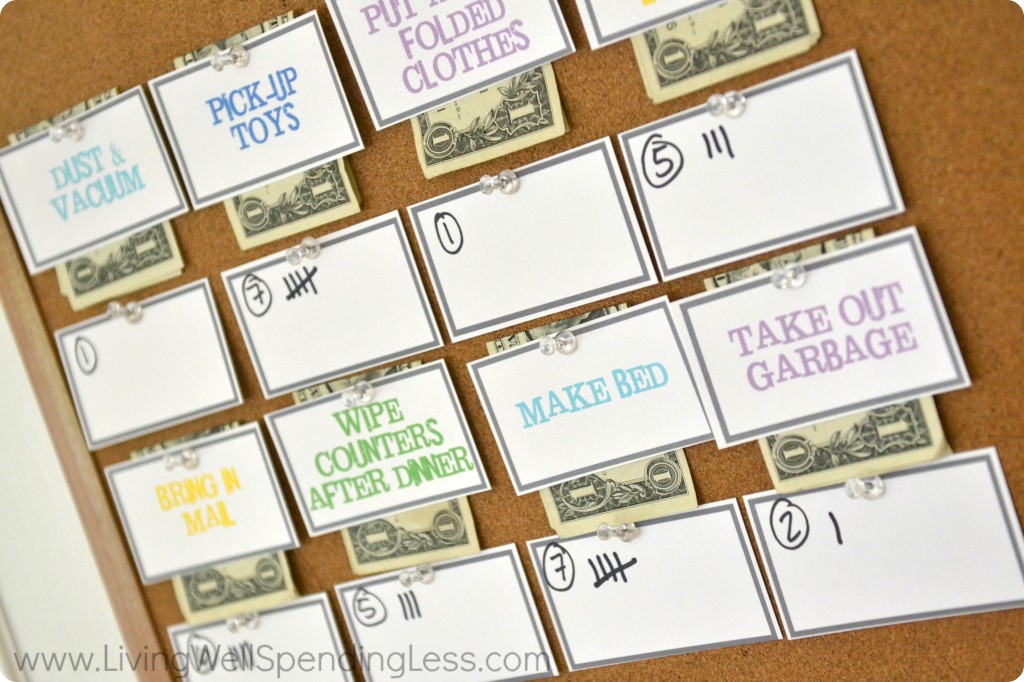 Here's a sample of how cash cards work as a chore chart tracker for kids. 
