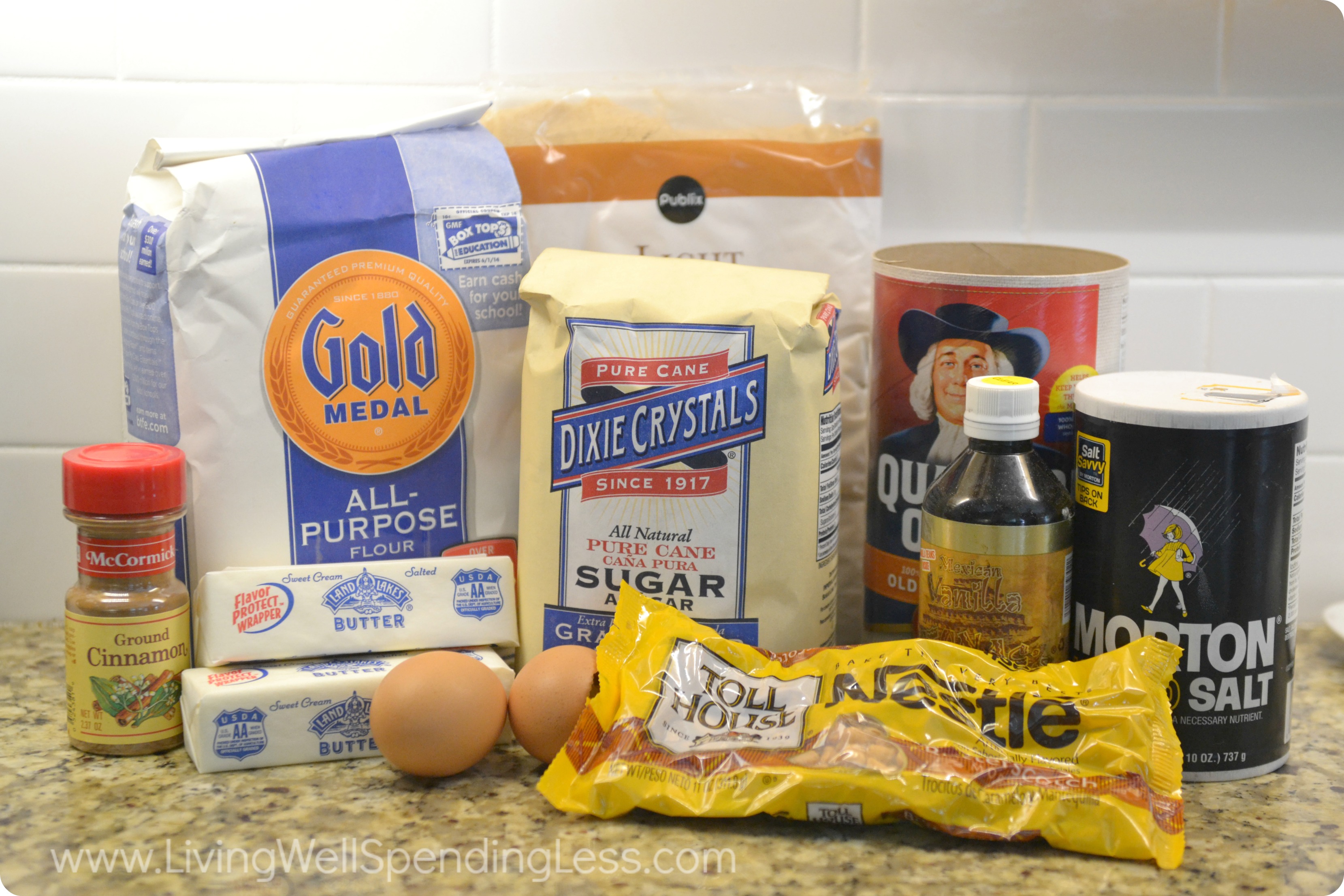 All the ingredients you need to make amazing butterscotch oatmeal cookies: flour, butter, cinnamon, eggs, sugar, oats, butterscotch chips and salt. 