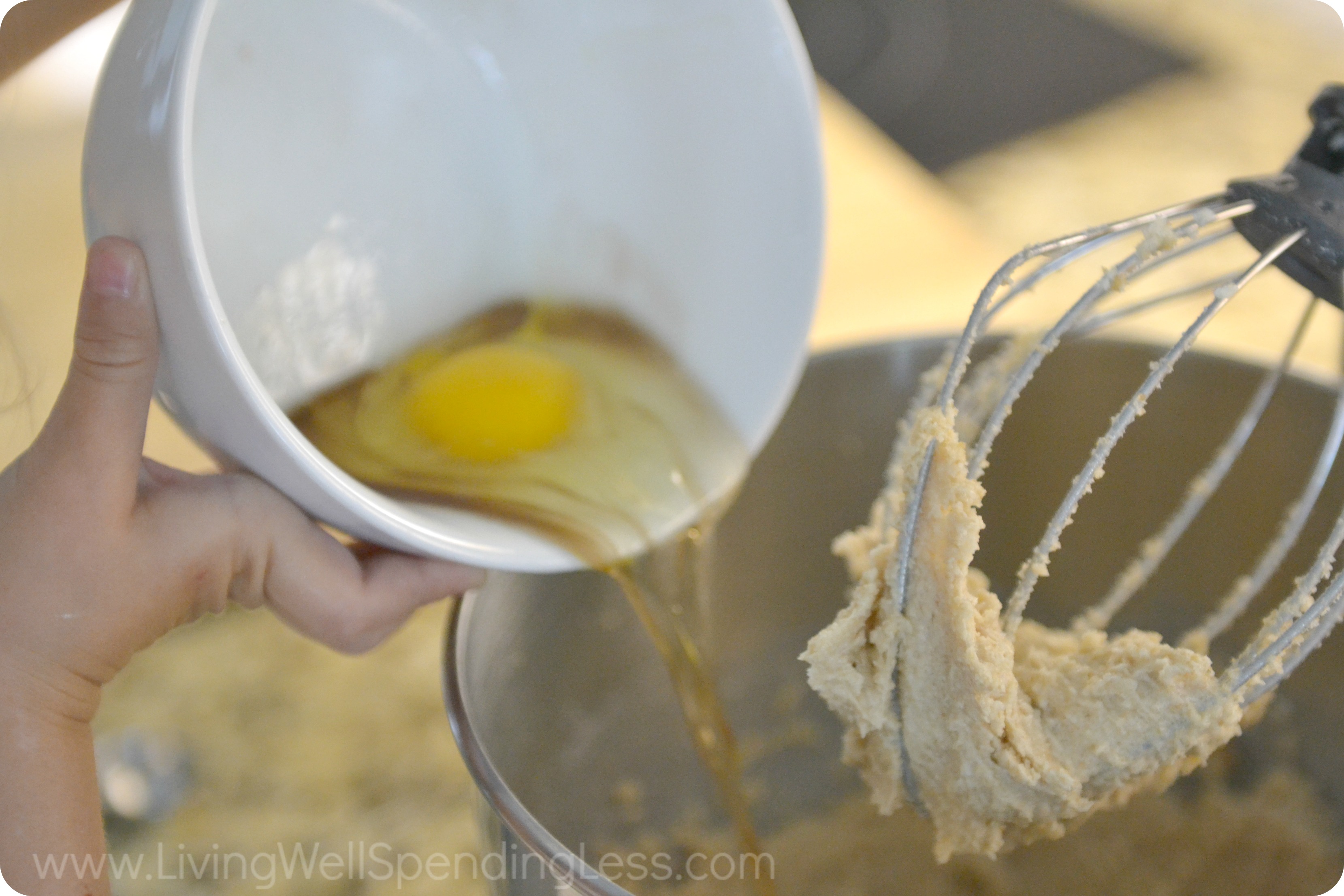 Pour in the wet ingredients--eggs and vanilla and combine with the butter and sugar in your stand mixer. 