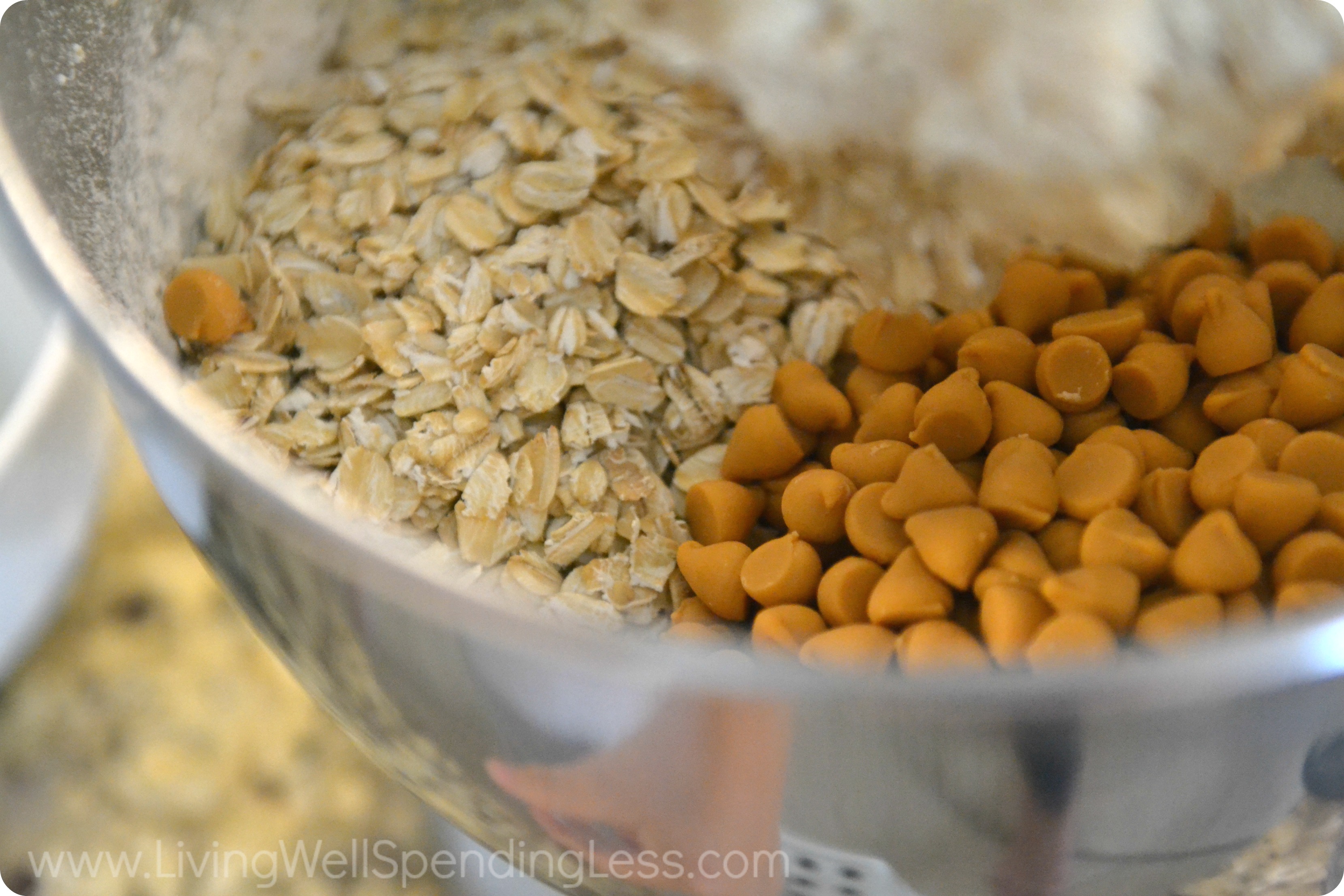 Add the butterscotch chips and oats: the two main ingredients in this oatmeal butterscotch cookie recipe. 