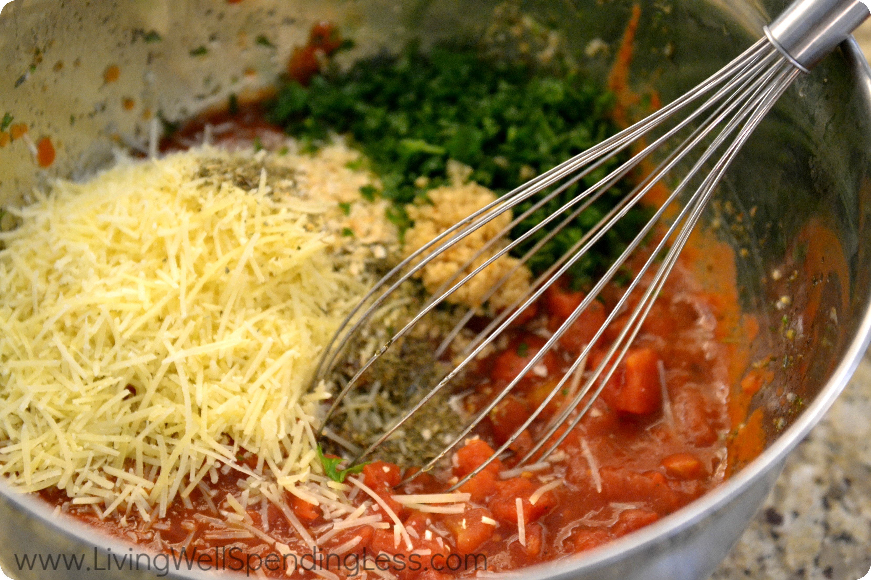 In a large bowl, combine seasonings, cheese, tomatoes, and parsley.