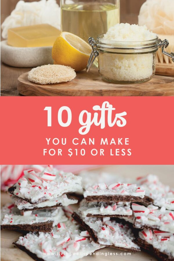 Does your gift list exceed your budget this year? No worries--we have got you covered. Don't miss these 10 super easy (really!) gifts you can make for $10 or less! #diy #homemade #diygifts #holidays #thrifty #handmade #frugalgifts #budgetfriendlygifts #handmadegifts #cheapgifts