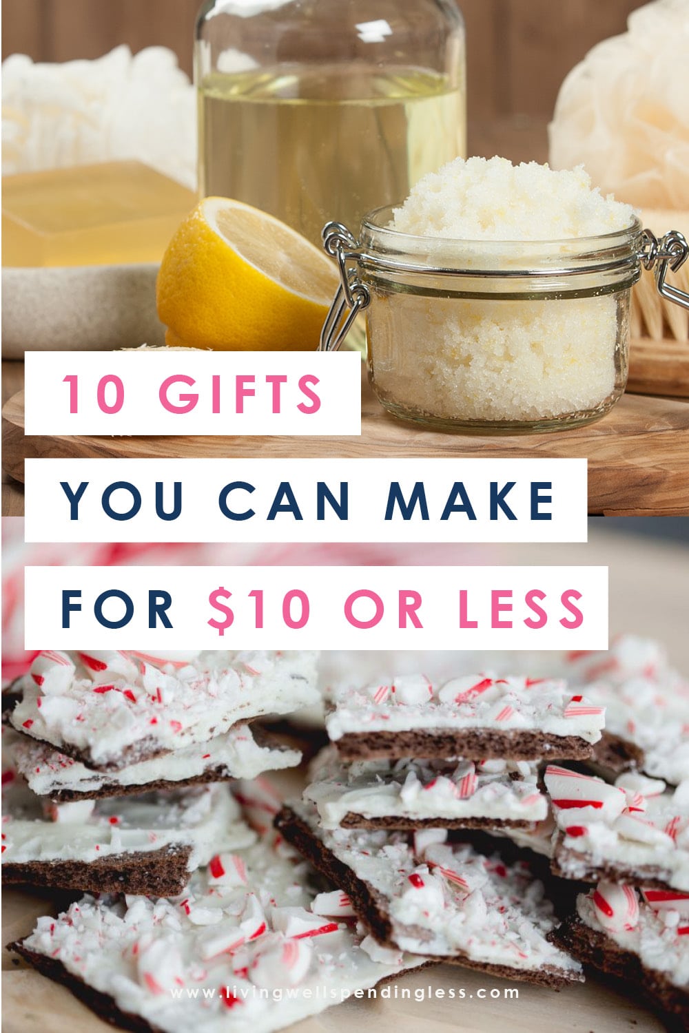 Does your gift list exceed your budget this year? No worries--we have got you covered. Don't miss these 10 super easy (really!) gifts you can make for $10 or less! #diy #homemade #diygifts #holidays #thrifty #handmade #frugalgifts #budgetfriendlygifts #handmadegifts #cheapgifts