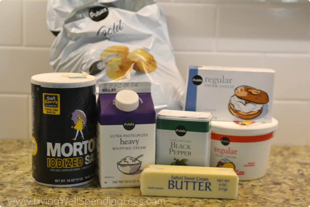 Assemble you ingredients for the mashed potatoes: potatoes, salt, heavy cream, butter, black pepper, cream cheese and sour cream. 