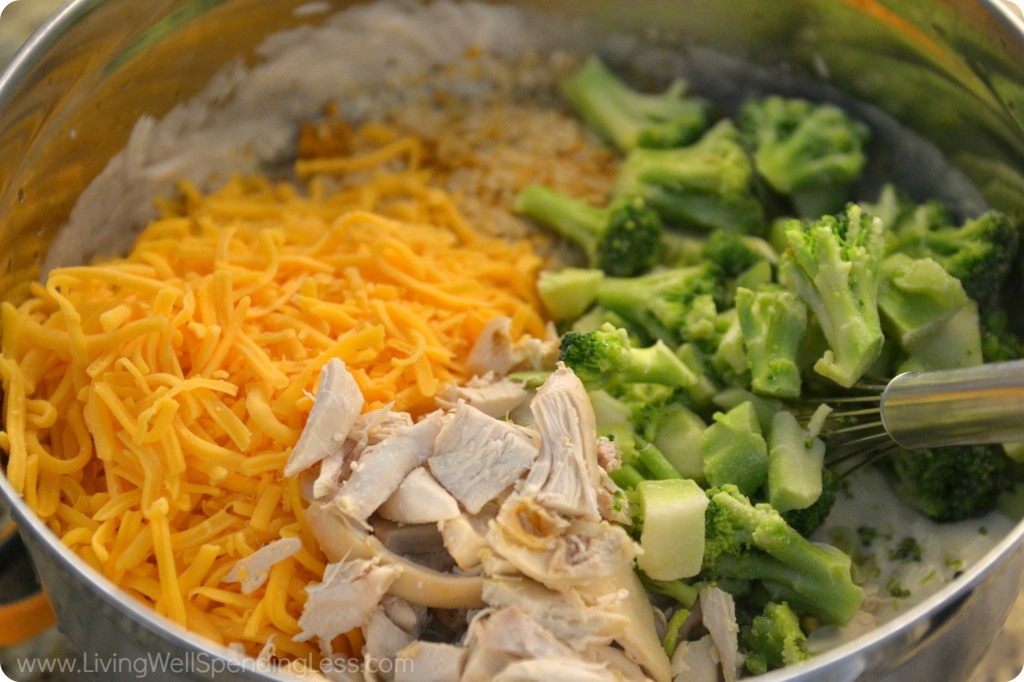 Fold in the cheese, chicken and broccoli--the super stars of this delicious casserole. 