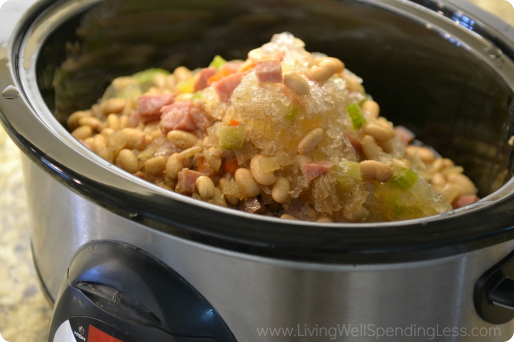 When you're ready to cook the ham and bean soup, simply thaw and add to your slow cooker. 