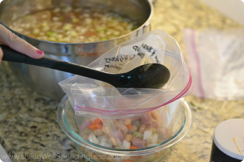 Ladle the soup mixture into freezer bags to store your ham bean soup. 