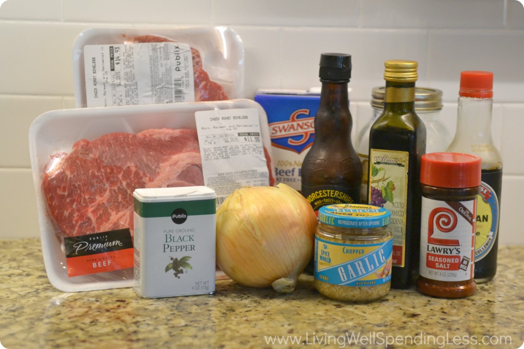 Assemble your ingredients: Beef, black pepper, onion, garlic, Lawry's seasoned salt, honey, balsamic vinegar, beef broth, Worcestershire sauce, and soy sauce. 