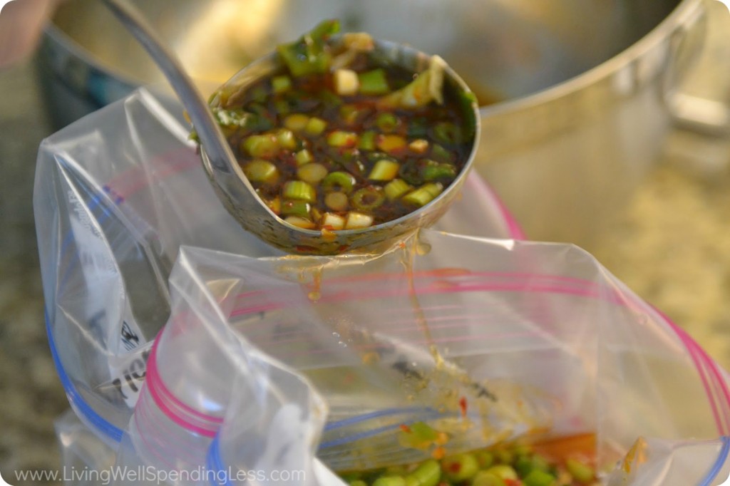 Divide sauce into bags over top of chicken.