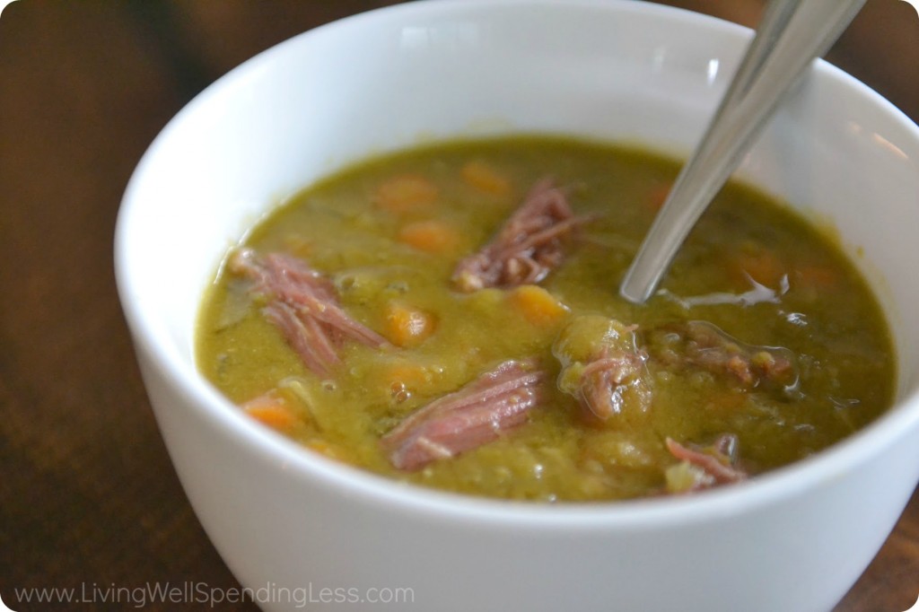 Serve finished split pea soup in a bowl to enjoy. 