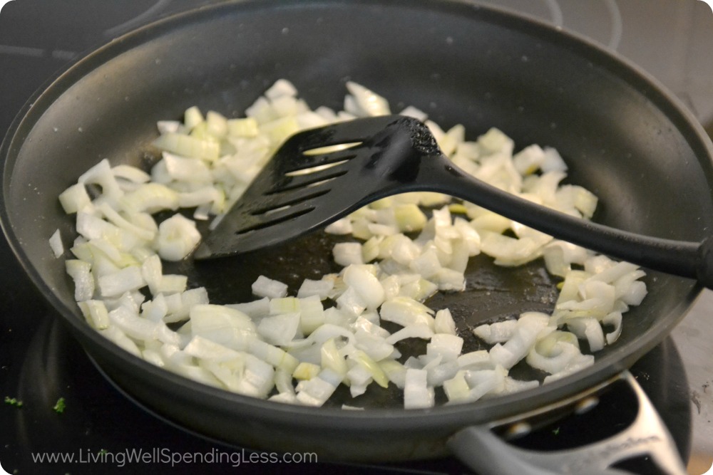 The first step is to chop and sauté onions for the Cheesy Potato Casserole.