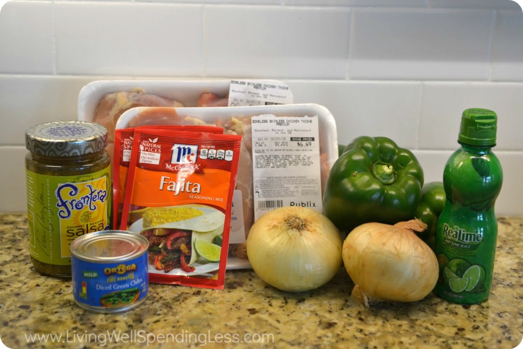 Assemble your ingredients for the fajitas: Chicken, salsa, green chills, onions, green peppers, lime juice, and fajita seasoning. 