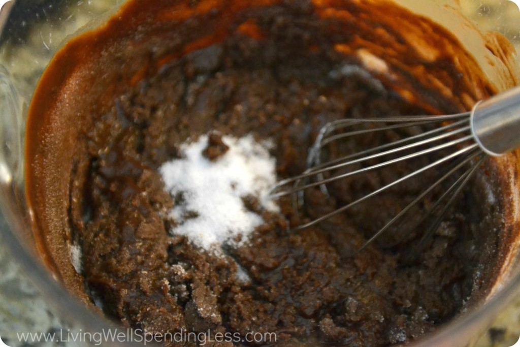 Add granulated sugar into chocolate mixture and whisk until smooth.