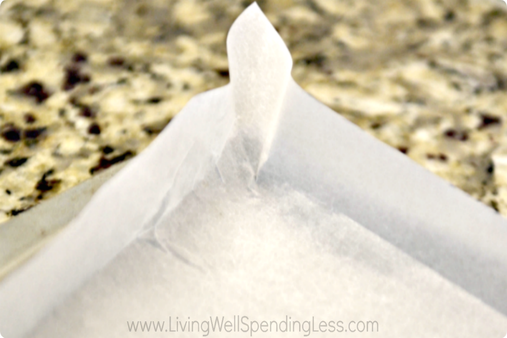 Be sure to fold the edges of the parchment down so it fits into the pan.