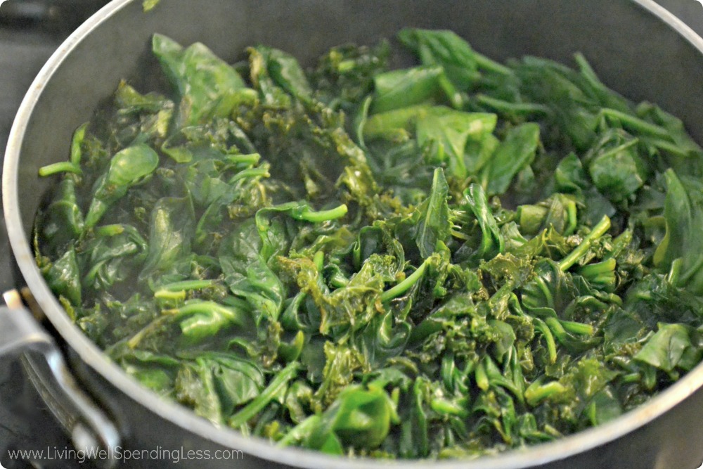 Spinach and kale saute beautifully and are perfect for this delicious casserole. 