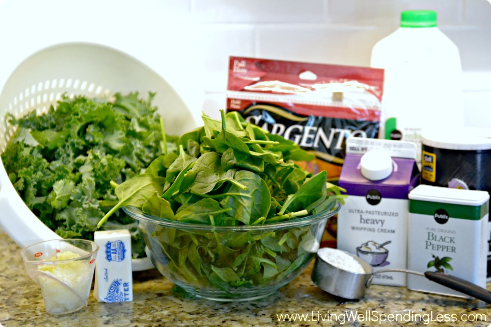 Assemble your ingredients: Kale, spinach, heavy cream, cheese, butter and seasonings. 