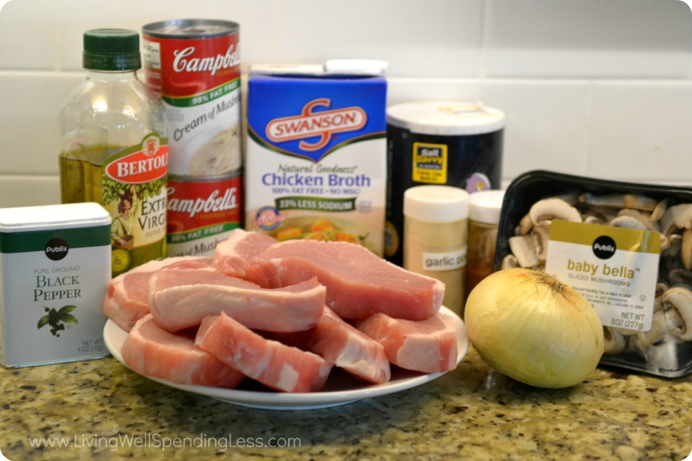 Assemble the ingredients for these creamy pork chops: cream of mushroom soup, mushrooms, onions, seasonings and of course, pork chops