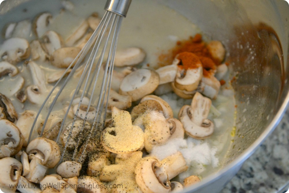 Whisk together the mushrooms, seasoning and sauce. 