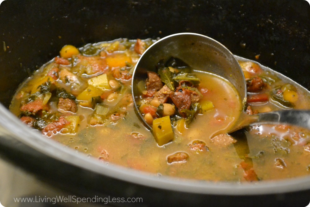 When ready, cook this delicious kale and white bean soup with sausage in a sauce pan.