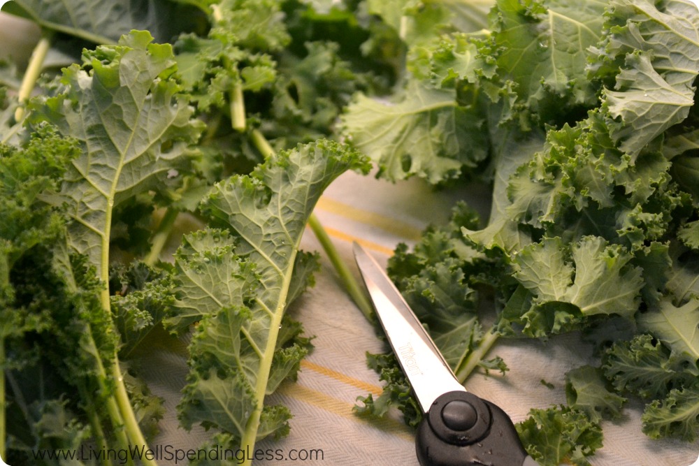Use scissors to remove the stems from the kale, then cut into bite-sized pieces. 