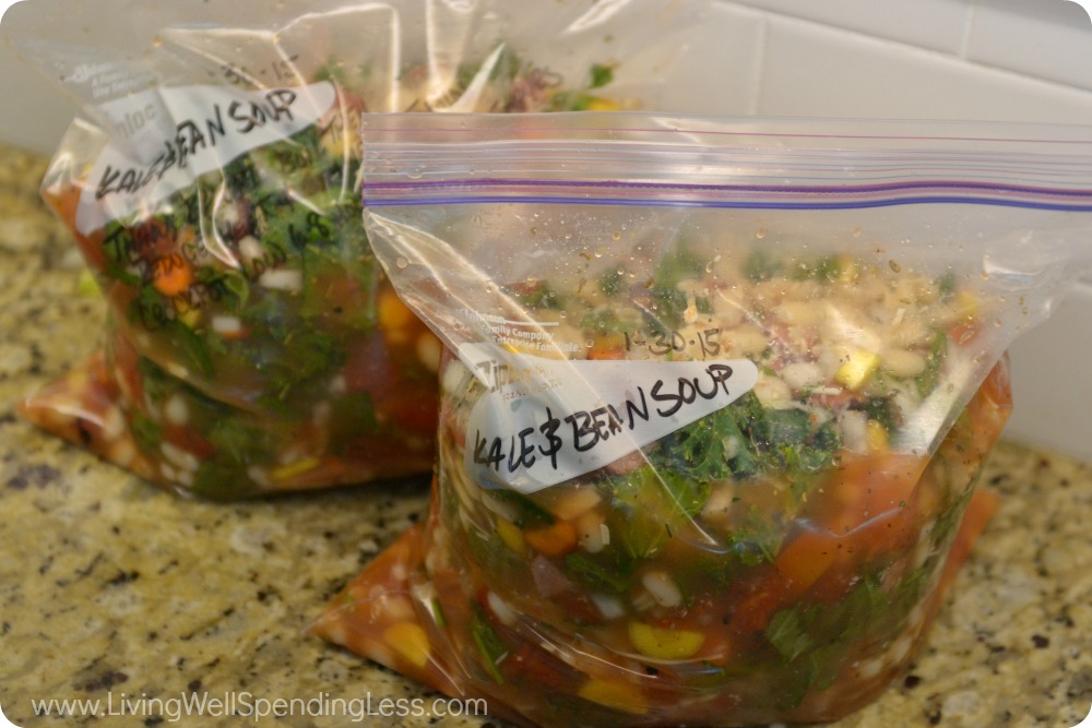 Add the ingredients for this delicious kale and white bean soup to labeled freezer bags. 