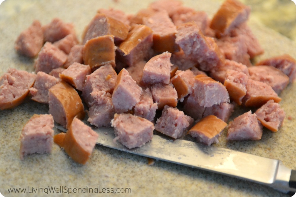 Slice the sausage into bite-sized pieces to add great flavor to the soup. 